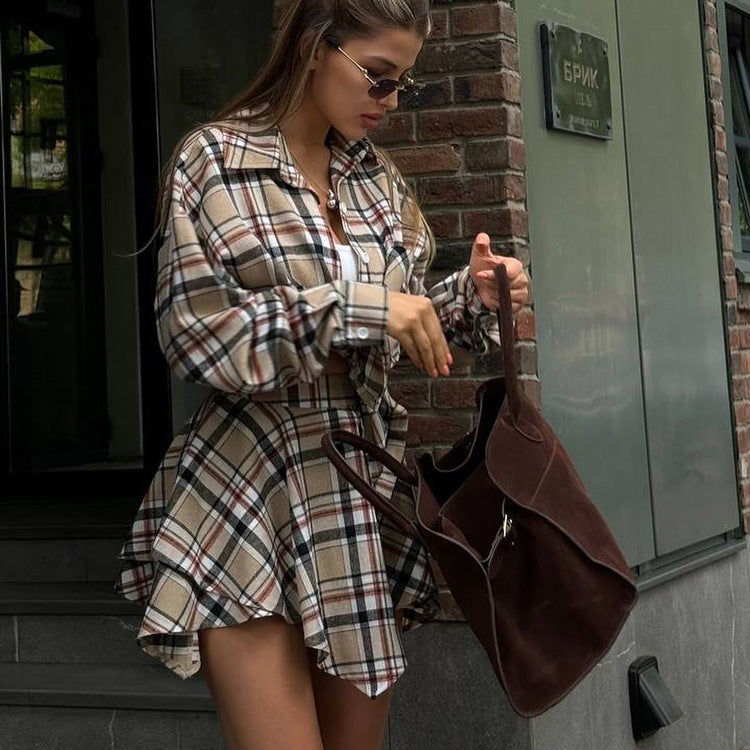 Elegant Plaid Shirt & Asymmetric Skirt Set – Loose-Fit Long Sleeve Street Style Outfit