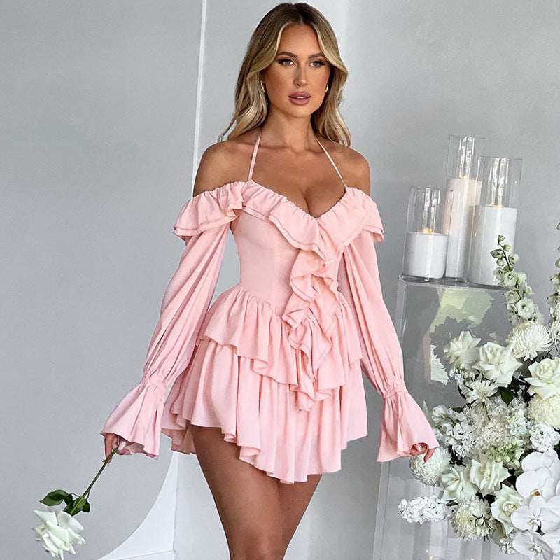 Camille Halter Low Cut Ruffled Long Sleeve Romper