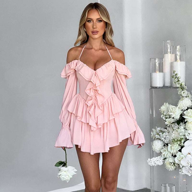 Camille Halter Low Cut Ruffled Long Sleeve Romper