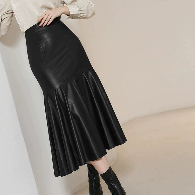 Trendy High-Waist Black Faux Leather Midi Skirt