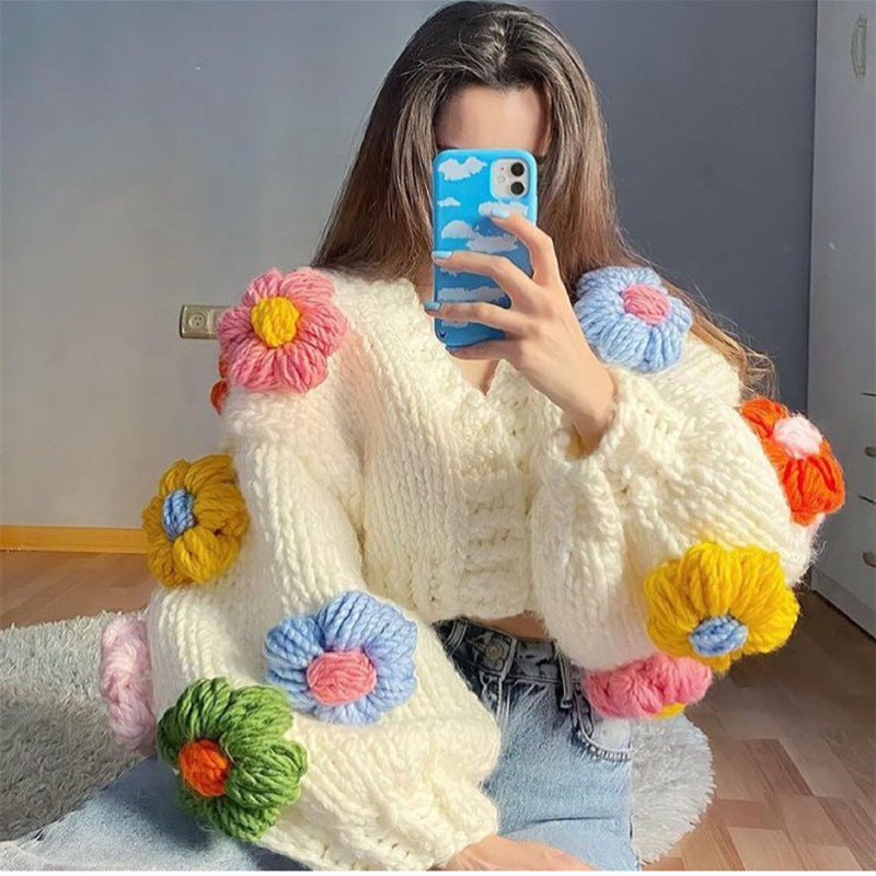 Casual Crocheted Floral Lantern Sleeve Sweater Cardigan – Loose Fit Cozy Fall/Winter Knitwear