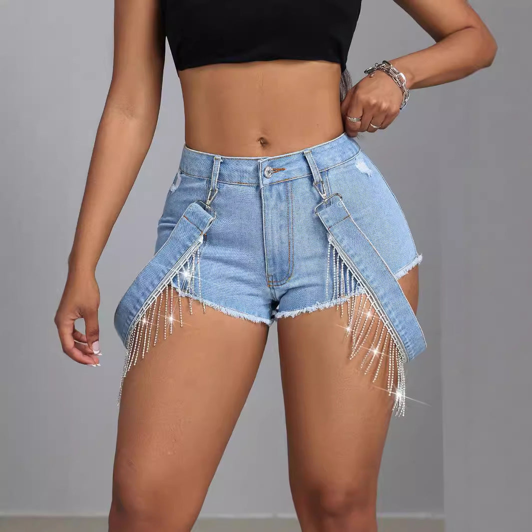 Slim Fit Tassel Lace-Up Raw Hem Mini Denim Shorts – Sexy & Bold