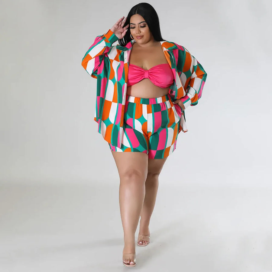 Plus Size Floral Geometric Tropical Print Collared Button-Up Top and High-Rise Shorts Set