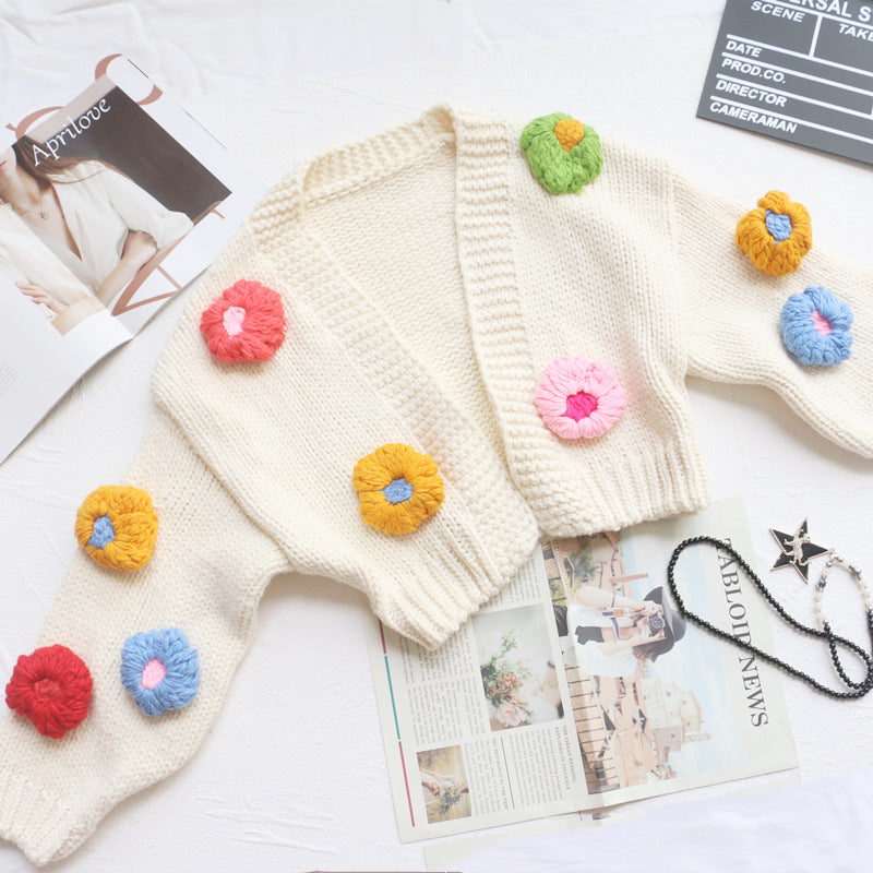 Casual Crocheted Floral Lantern Sleeve Sweater Cardigan – Loose Fit Cozy Fall/Winter Knitwear