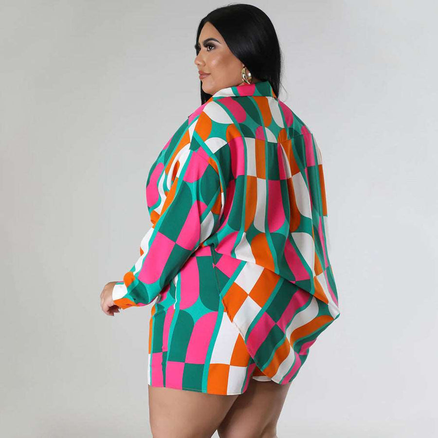 Plus Size Floral Geometric Tropical Print Collared Button-Up Top and High-Rise Shorts Set