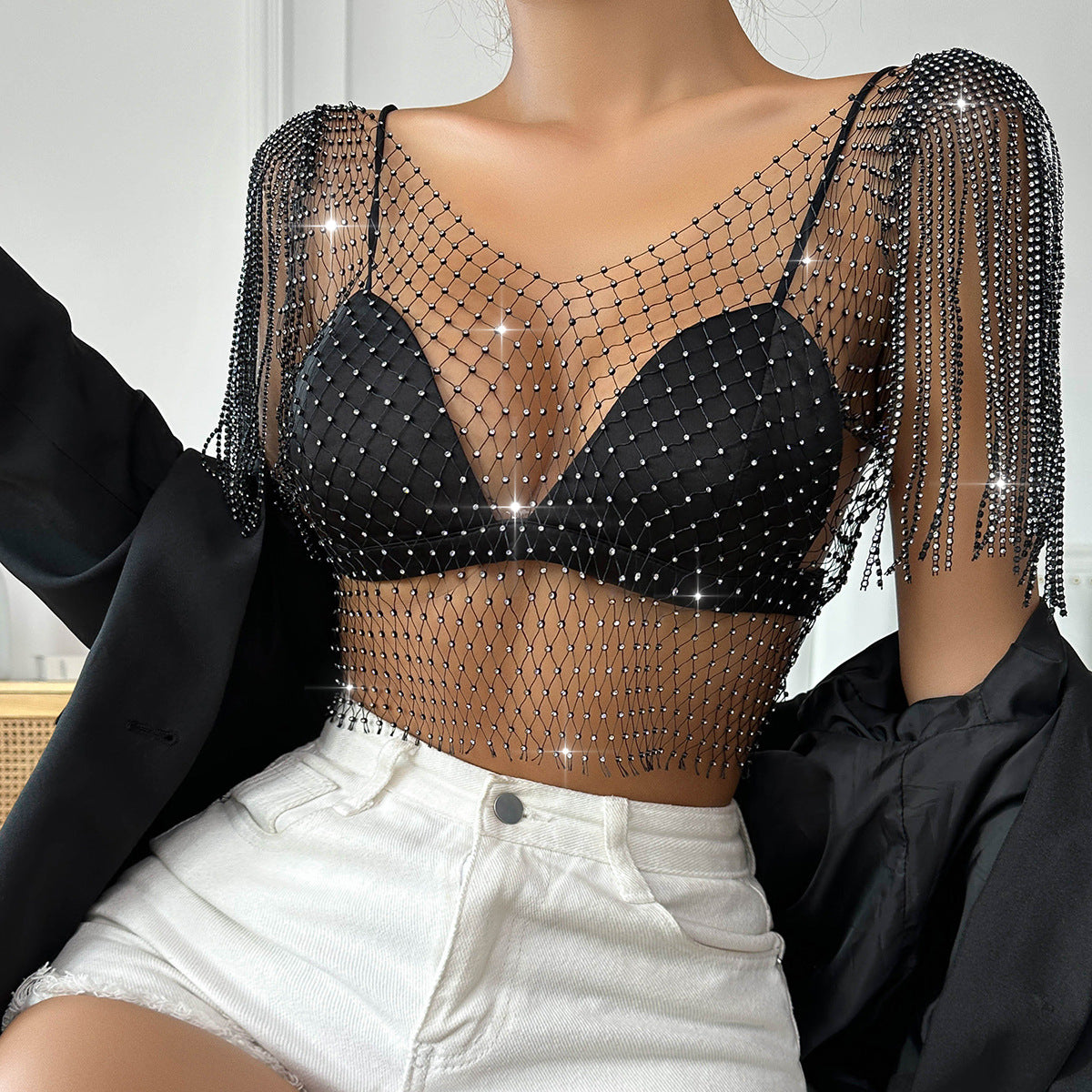 Rhinestone Sexy Fishnet Top – Summer Net Drill Short Sleeve Vest