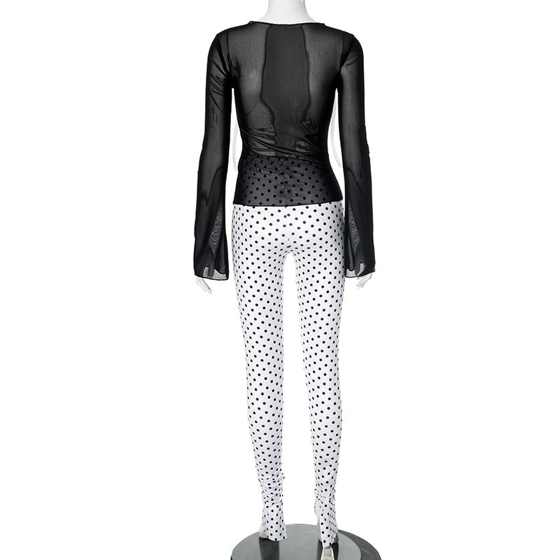 Sexy Polka Dot Mesh Two-Piece Set – Bow Detail Crew Neck Pullover & High-Rise Pants