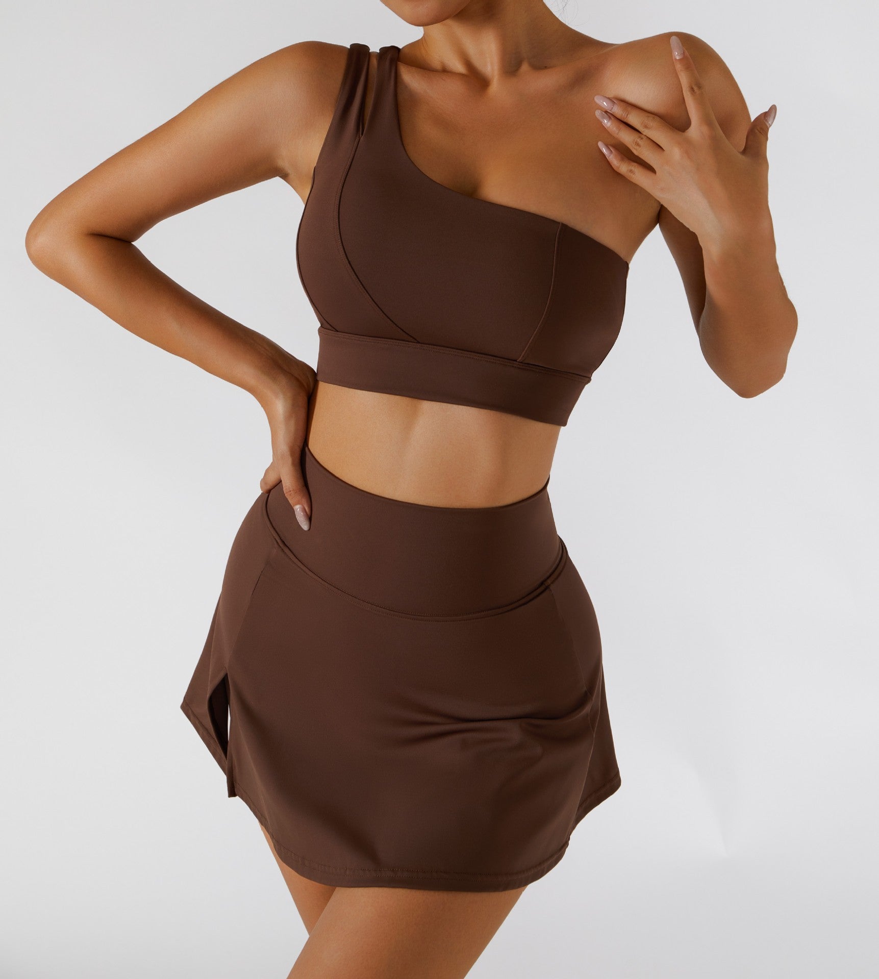 -1 Oblique Shoulder Bra Skirt Focus Tea Coffee Color