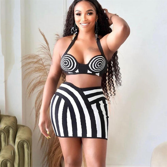 Sexy Black & White Striped Halter Backless Bandage Top Skirt Two-Piece Set