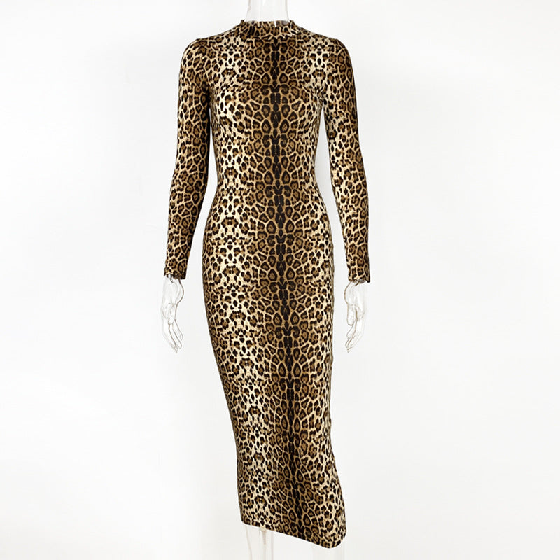 Sexy Leopard Print Long Sleeve Bodycon Midi Dress – Fall/Winter Party Dress for Women