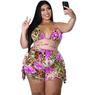 Plus Size Sexy Animal Print Halter Crop Top and High-Rise Shorts Set