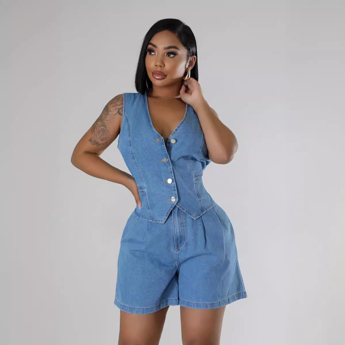 Casual Sleeveless Denim Shorts Set – High Waist V-Neck Button Top & Shorts