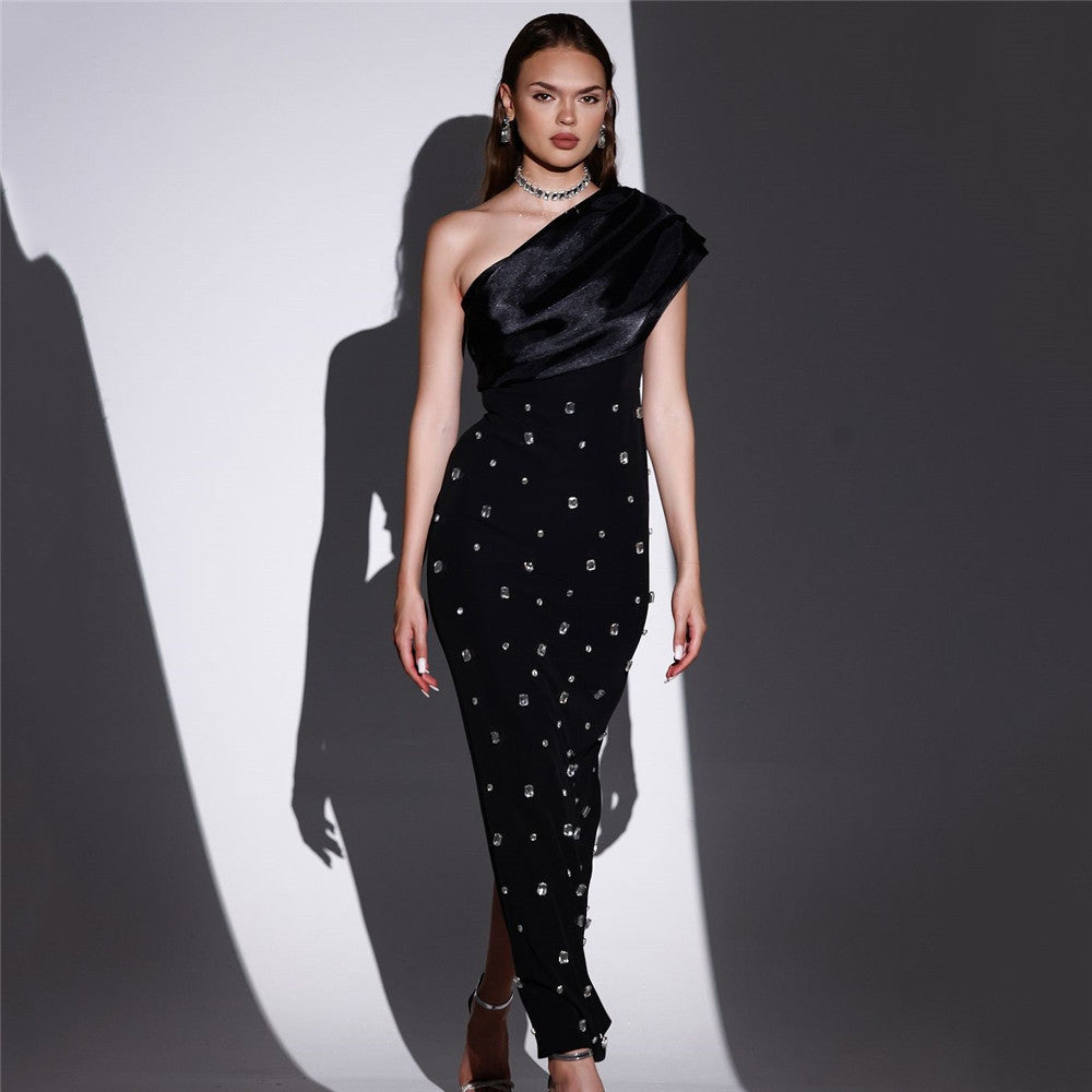 One-Shoulder Rhinestone Maxi Dress – Elegant Evening Gown