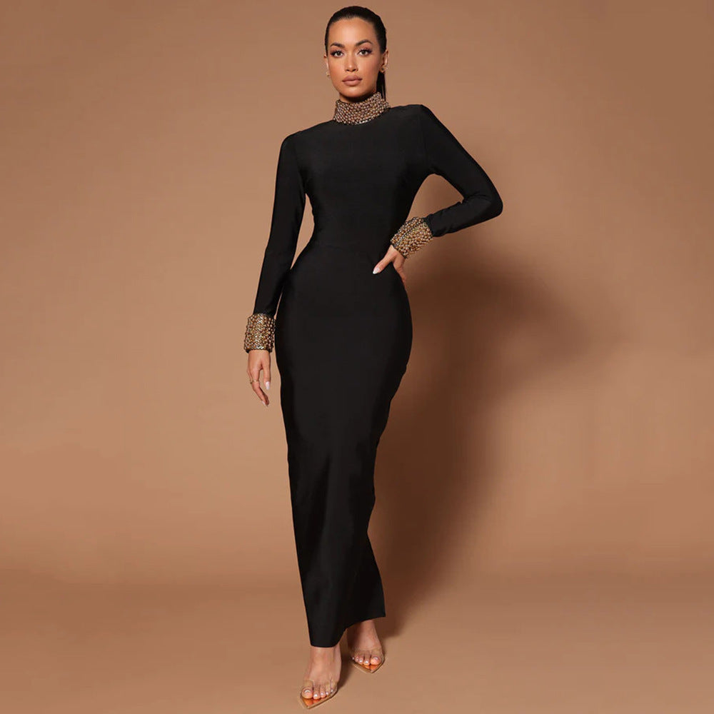 Sexy Diamond Bead Long Sleeve Bandage Maxi Dress – Backless Split Cocktail Party Dress