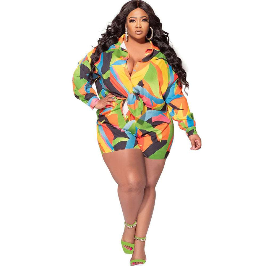 Plus Size Floral Geometric Tropical Print Collared Button-Up Top and High-Rise Shorts Set