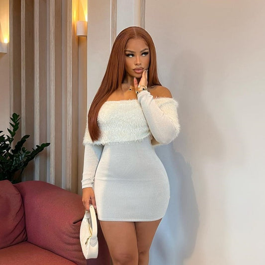 Sexy Off-Shoulder Long Sleeve Plush Bodycon Mini Dress – Autumn Party & Clubwear for Women