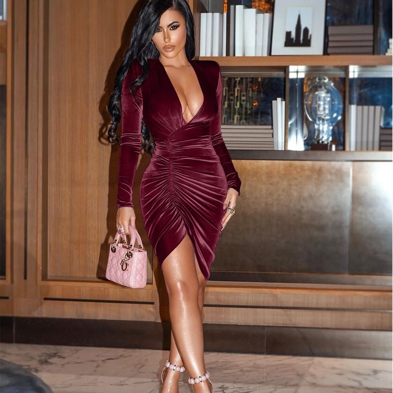 Sexy Velvet V-neck Long Sleeve Mini Dress - London's Closet Boutique